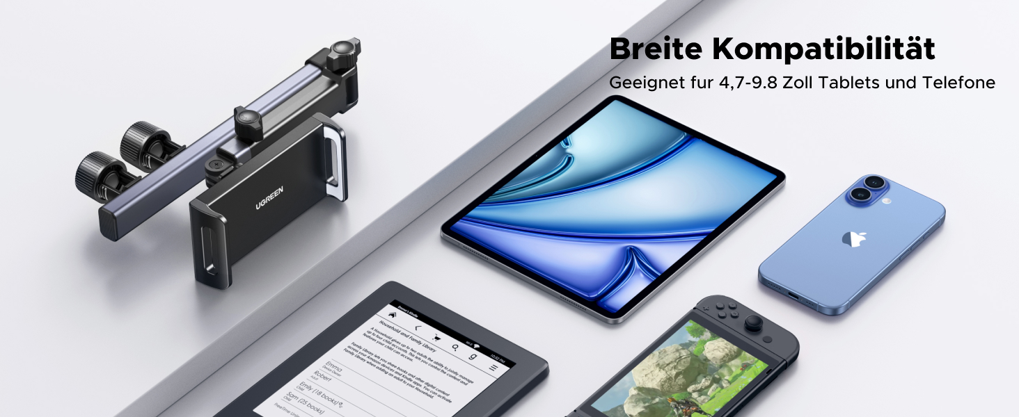 Тримач для планшета UGREEN в авто: 360° обертання, складна конструкція, універсальний для iPad, iPhone, Switch, Kindle (4.7-9.8 дюймів)