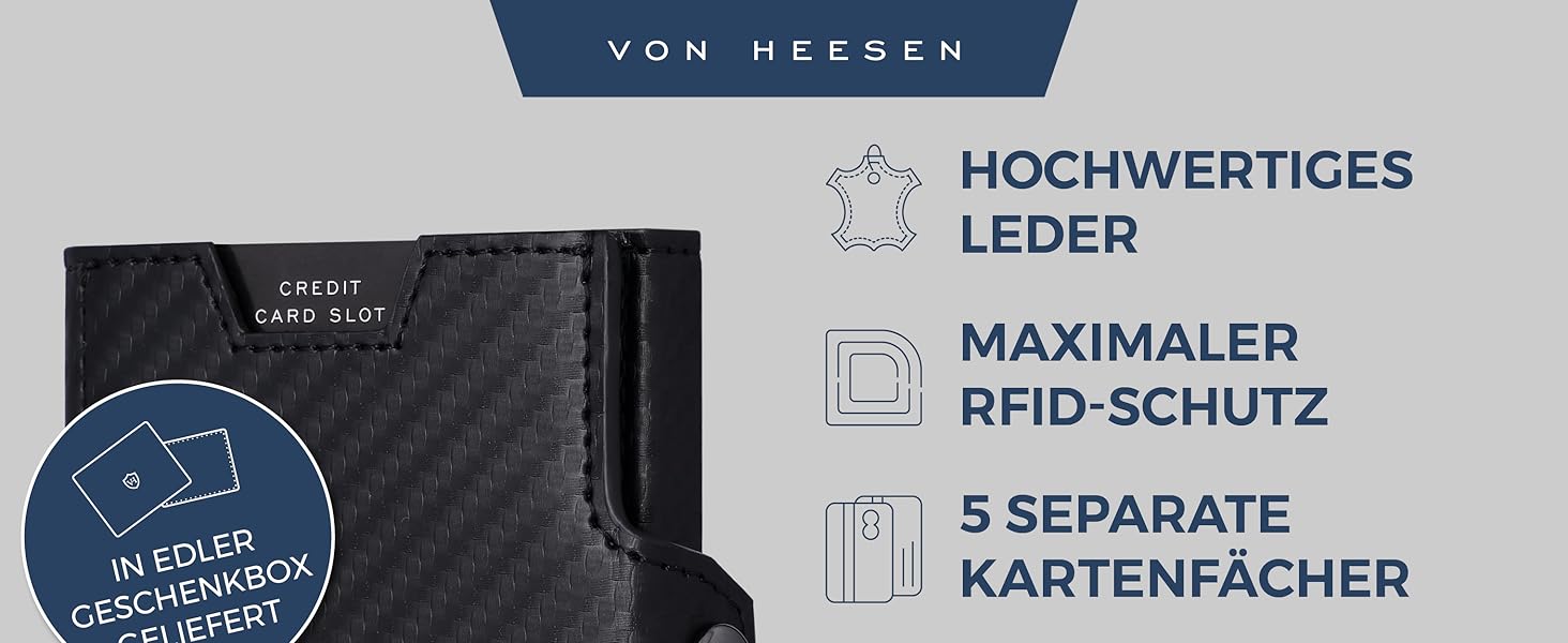 Стильний тонкий гаманець VON HEESEN з відділенням для монет та захистом RFID - гаманець для чоловіків та жінок - картхолдер, міні-портмоне, чорний карбон