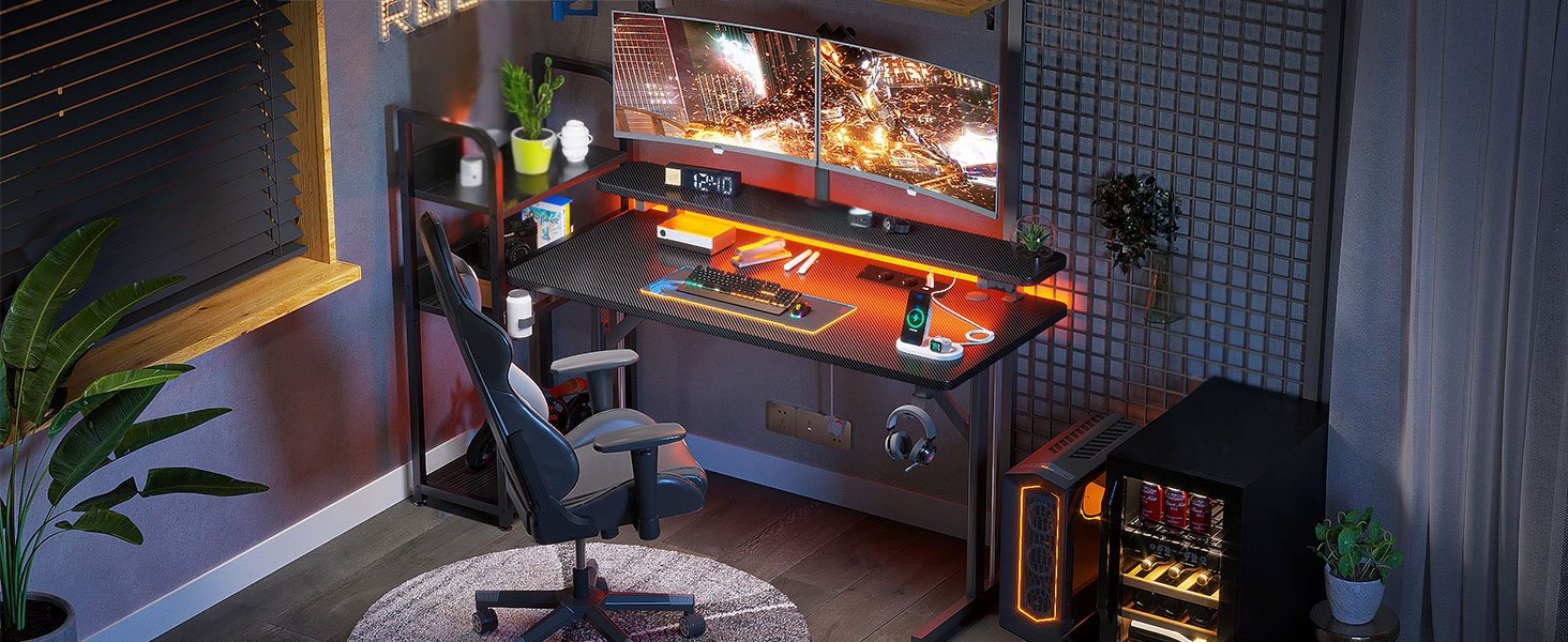 Small LED Gaming Desk with Power Outlets - 80cm Carbon Fiber PC Gamer Table