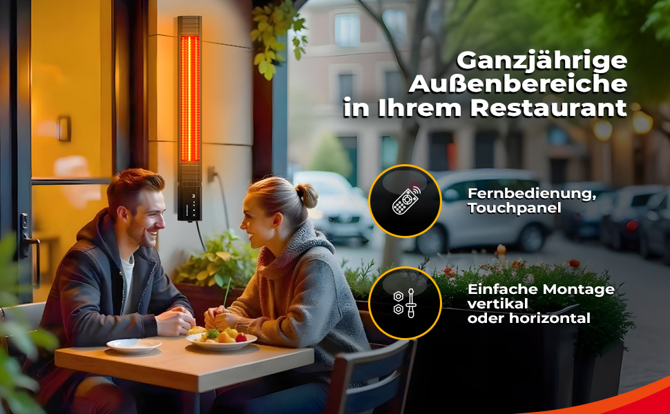 Інфрачервовий обігрівач RAY 2500W – електричний обігрівач з 9 ступенями, IP65 для тераси та приміщення, настінний, з пультом та таймером, чорний