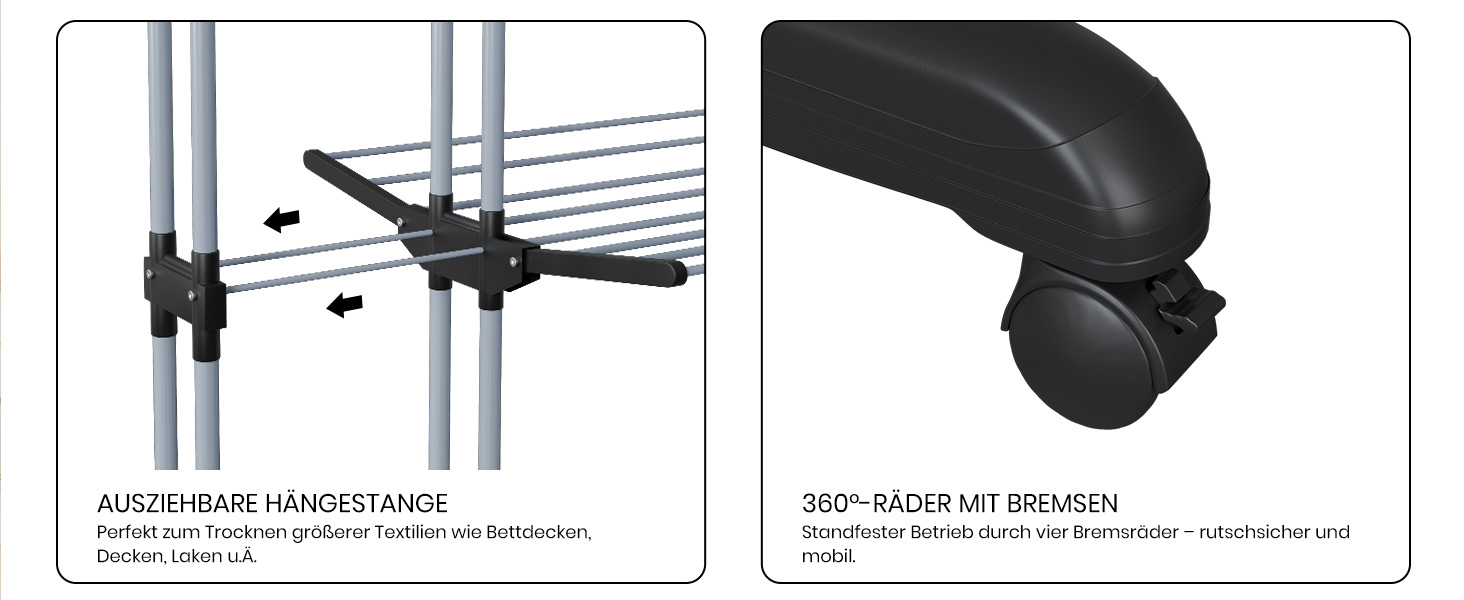 Сушарка для білизни Oak & Tea Turm, 83-200см, XXL, на колесах, 4 яруси, для дому та вулиці (Чорний)