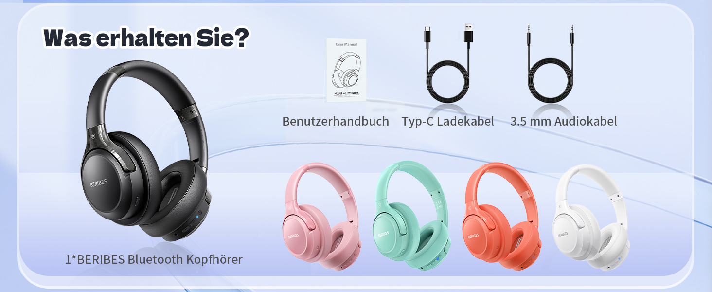 BERIBES Бездротові навушники Over-Ear Bluetooth з мікрофоном, 65 годин роботи, 6 EQ-режимів, HiFi Stereo, чорний