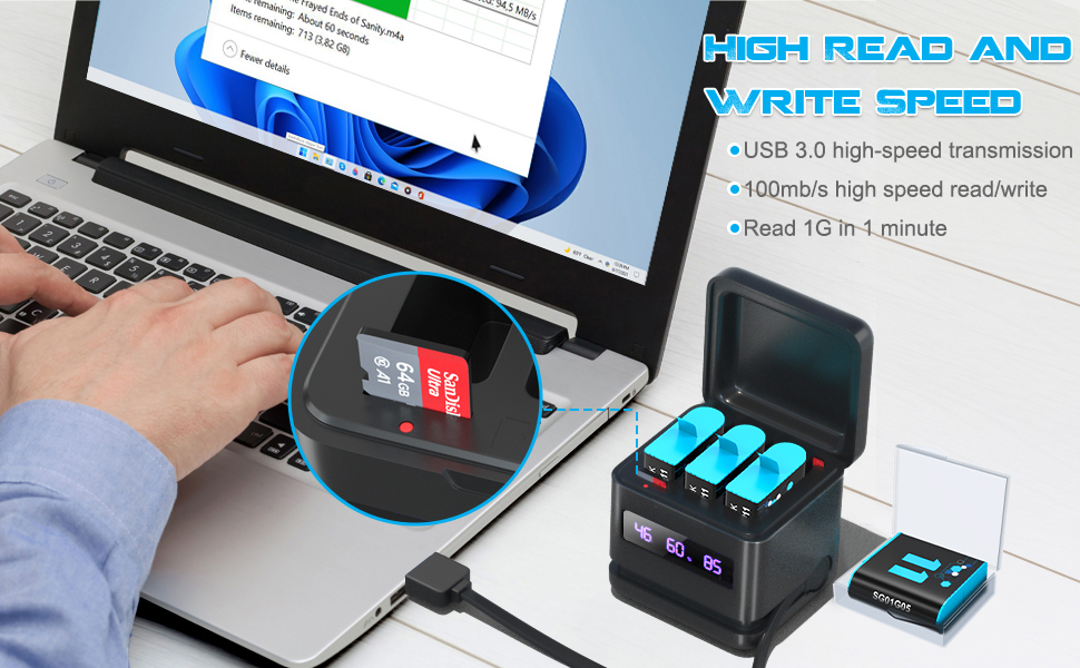 Акумулятор NOPWOK 3x2000mAh для GoPro Hero 9, 10, 11, 12 з зарядним пристроєм та SD-картрідер