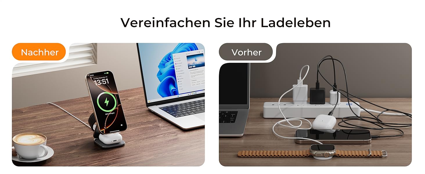 Бездротова зарядка 3-в-1 KU XIU X40 Turbo Qi2.2 25W для iPhone 15/14/13/12, Apple Watch, AirPods, з адаптером GaN 45W, сіра