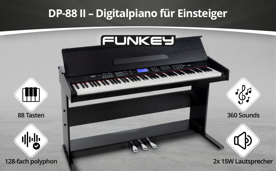 FunKey DP-88 II Цифрове піаніно: 88 клавіш, поліфонія 128, 360 звуків, 160 стилів, MP3-плеєр, функція навчання, запис та відтворення, 3 педалі, чорний колір