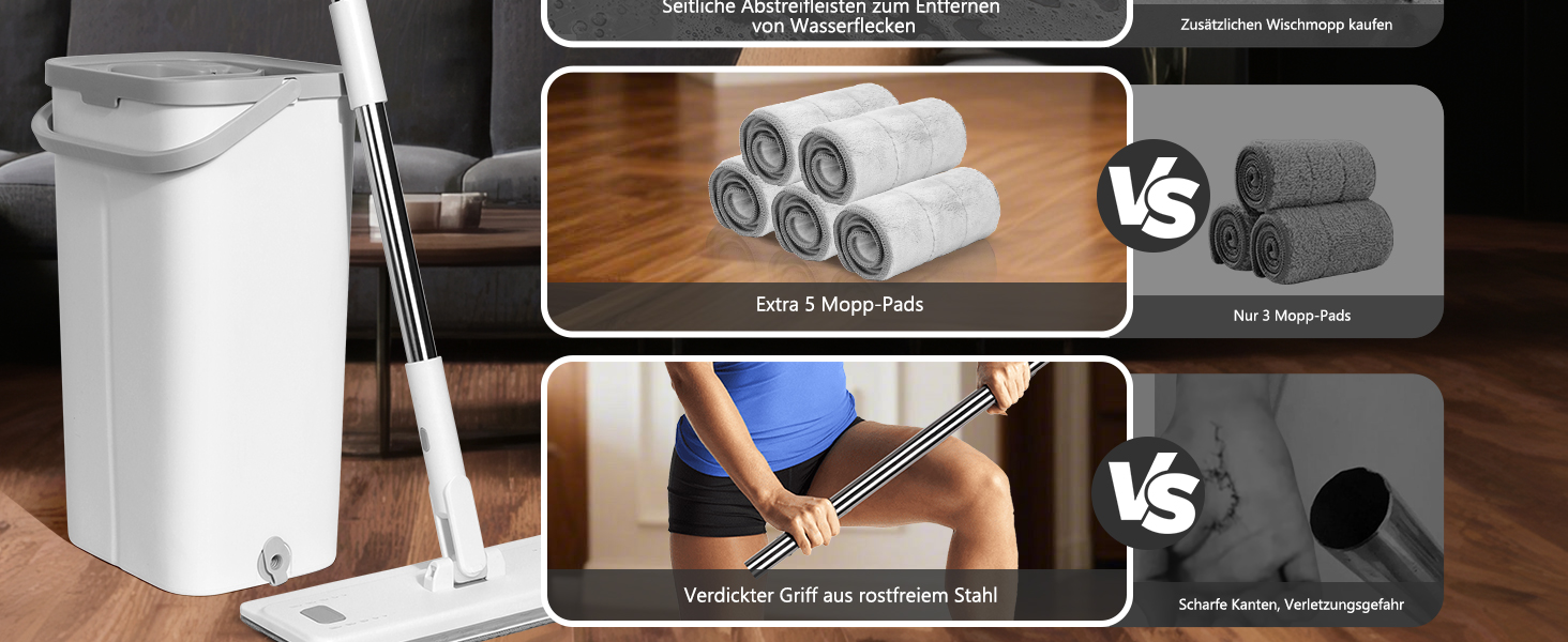 Набір для миття підлоги з відром, Masthome - компактний моп та відро з віджиманням, 3 мікрофібрових насадок та нержавіюча ручка, 2 в 1, для дерев'яних, плиточних та мармурових підлог (білий)