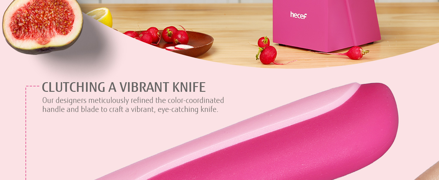 Набір ножів Hecef 14 предметів у блоці, з антипригарним покриттям, для посудомийної машини, самозаточуваний, ергономічні ручки, кухонний набір для будь-якої кухні (рожевий)