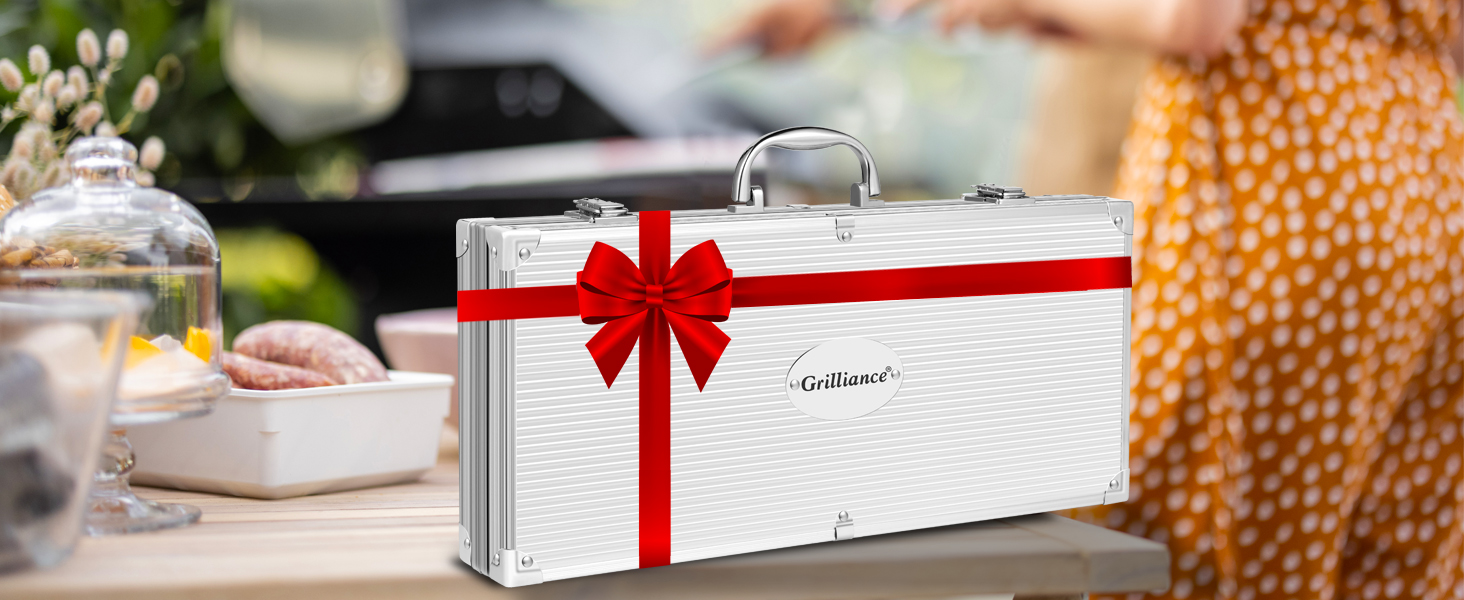 Grilliance 26-Piece Stainless Steel Grill Accessory Set - High-Quality BBQ Grill Utensil Case - Perfect Grill Tool Set for Men - Gift with Portable Storage Case and Meat Thermometer - Brown