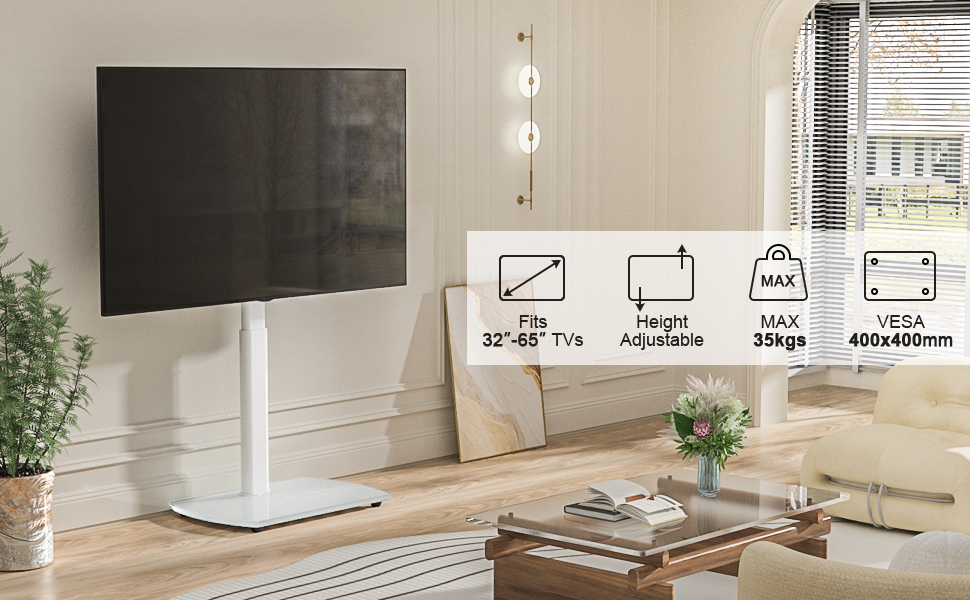Adjustable TV Stand with Swivel Mount - Fits 32-65 Inch Flat & Curved TVs - Max VESA 400x400mm, 35kg