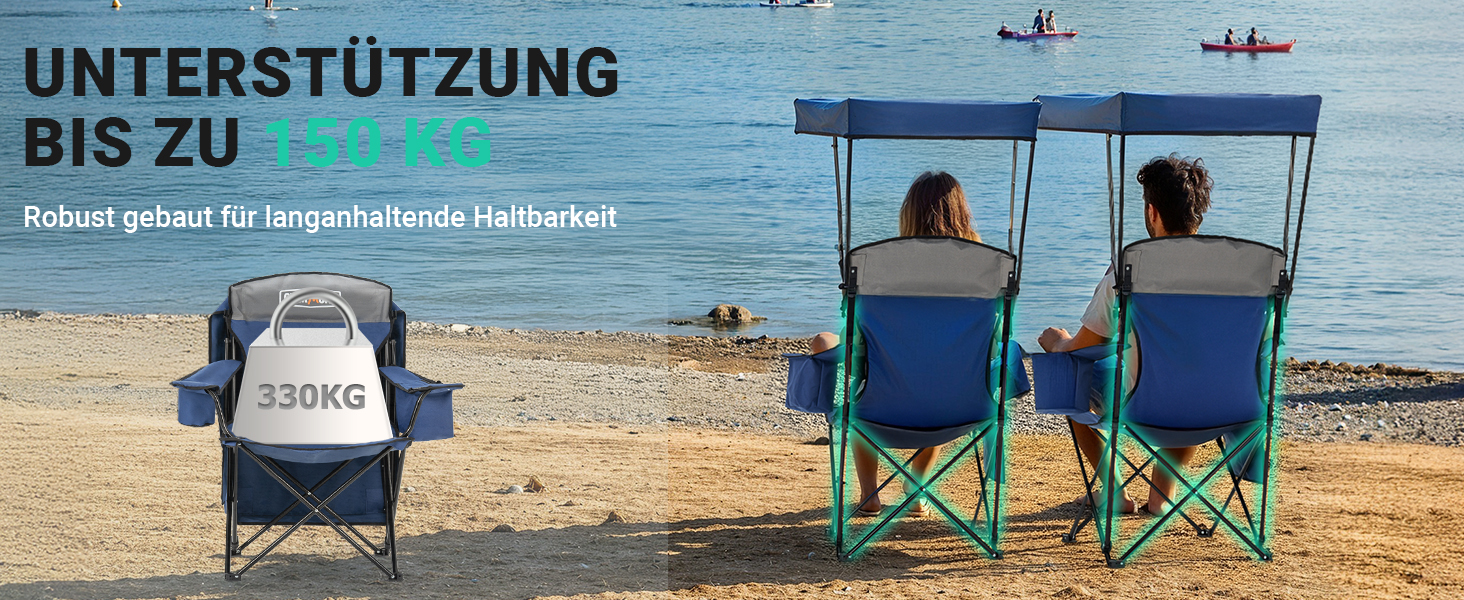 Кемпінговий стілець Overmont зі спадковим дахом, підсклянником та охолоджуючим кишенем - блакитно-сірий