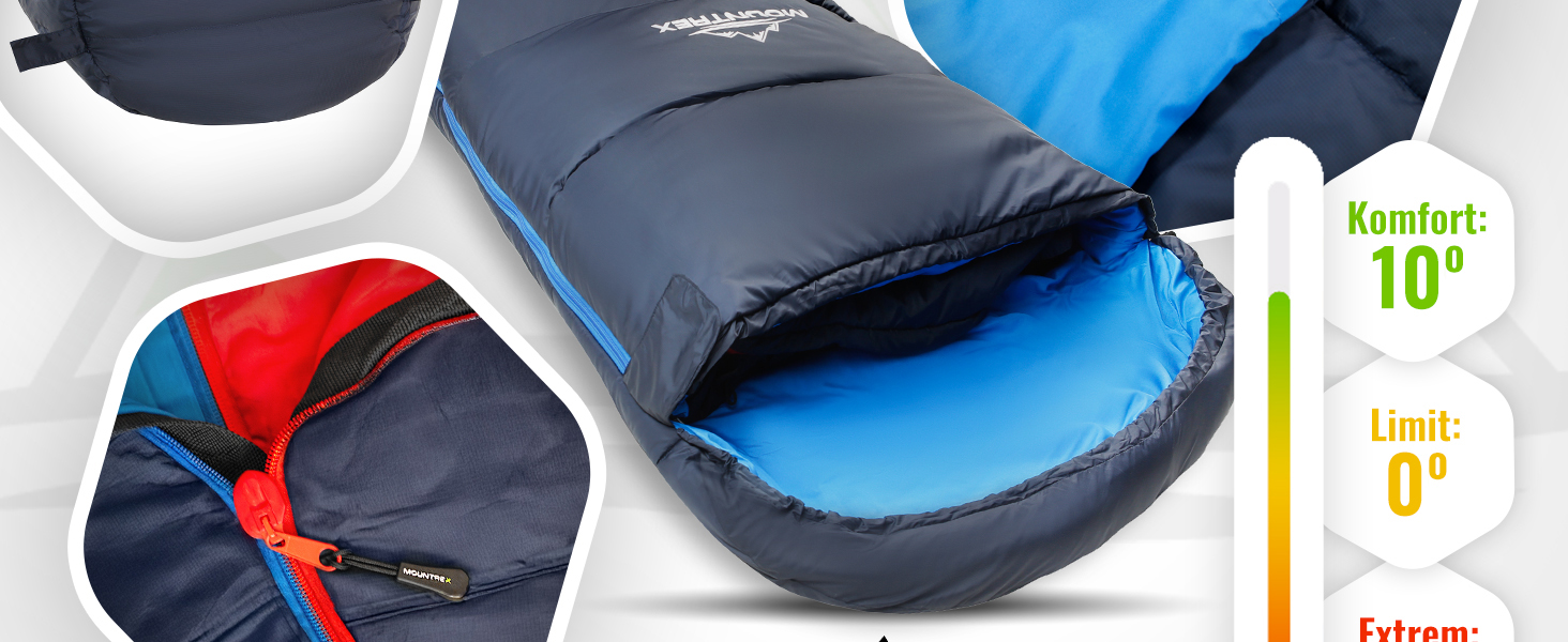 Сплячий мішок MOUNTREX® - компактний та ультралегкий (760г/1500г) - Outdoor (100GSM) / 3-4 сезони (300GSM) - Мумієподібний спальний мішок – кемпінг, подорожі, фестивалі – теплий та з'єднуваний (Темно-синій/Синій, 3 сезони - 1500г (RV Ліворуч))