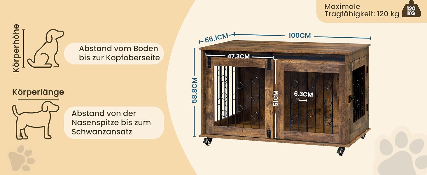 Клітка для собак EUGAD, 100 см, з 2 дверцятами та 5 колесами, для великих, середніх та маленьких собак, декоративна переноска для дому, вінтажний коричневий колір