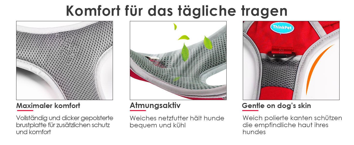Шлейка для собак ThinkPet No-Pull, дихаюча, для малих, середніх та великих собак, регульована, м'яка, для прогулянок, безпечна, з контролем, з підкладкою, світловідбиваюча, червона, з повідком 150 см, розмір M