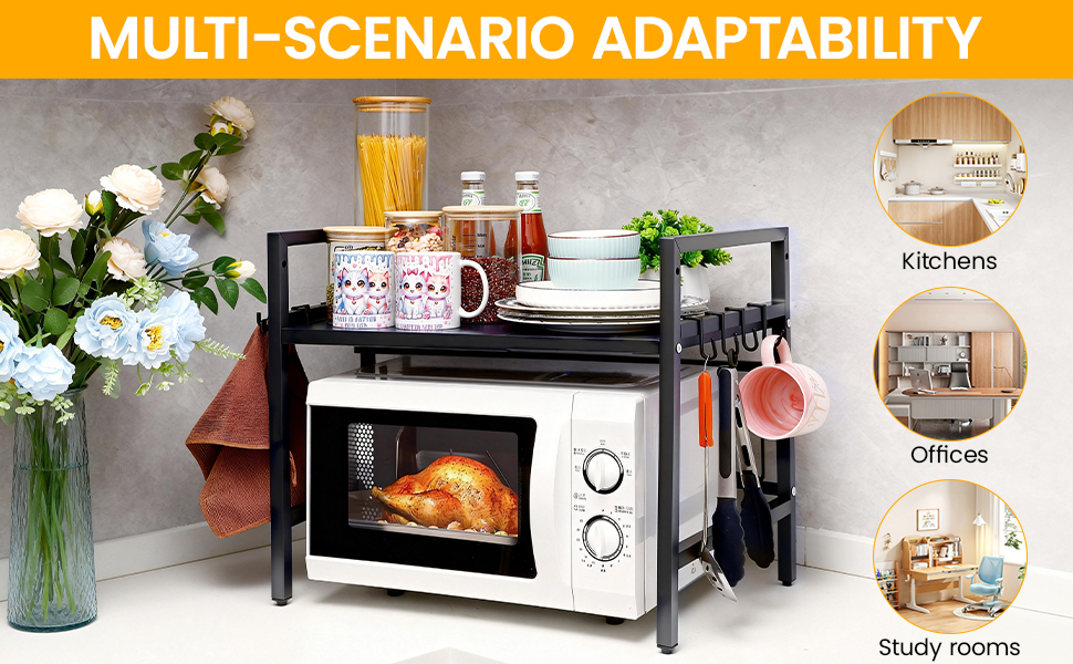 Регульована полиця для мікрохвильової печі, 2-ярусна, розширювана полиця для кухні з вуглецевої сталі з 8 гачками, підставка для кухонного приладдя, стійка для мікрохвильової печі та органайзер для кухні