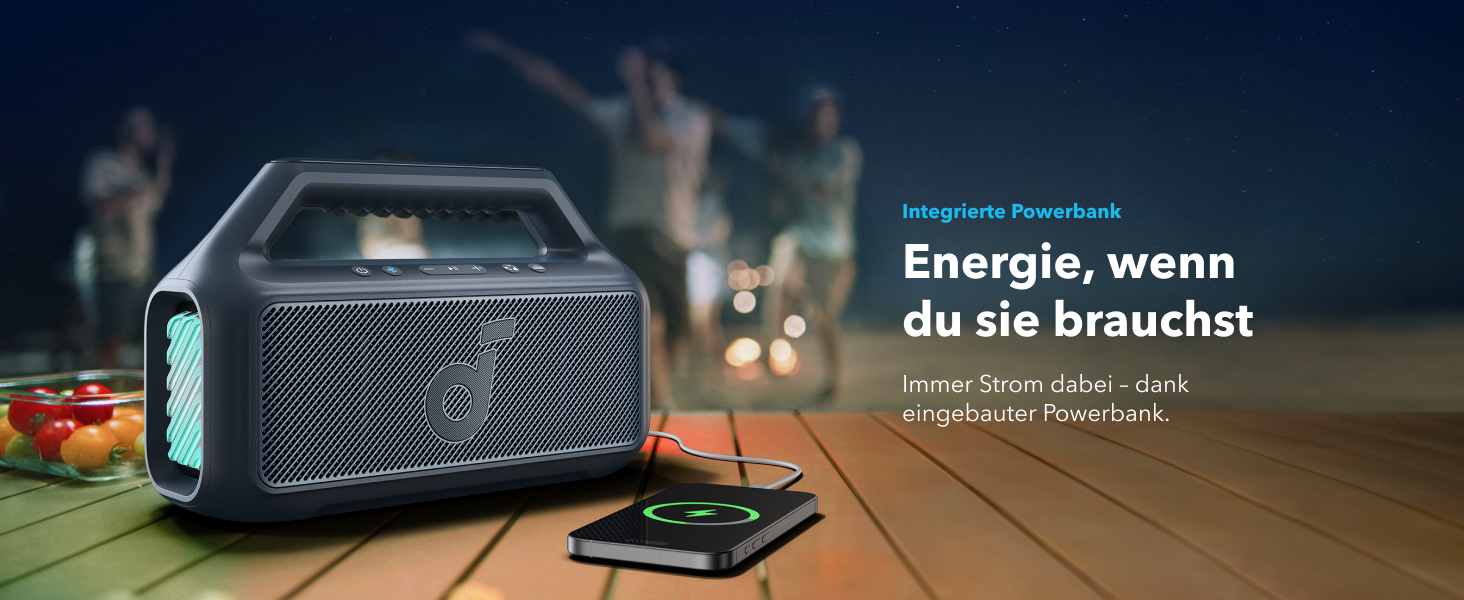 Soundcore Boom 2 - портативна Bluetooth колонка, 80W, сабвуфер, LED-підсвічування, IPX7, 24h, USB-C, BT 5.3, для кемпінгу, пляжу, саду (блакитна)