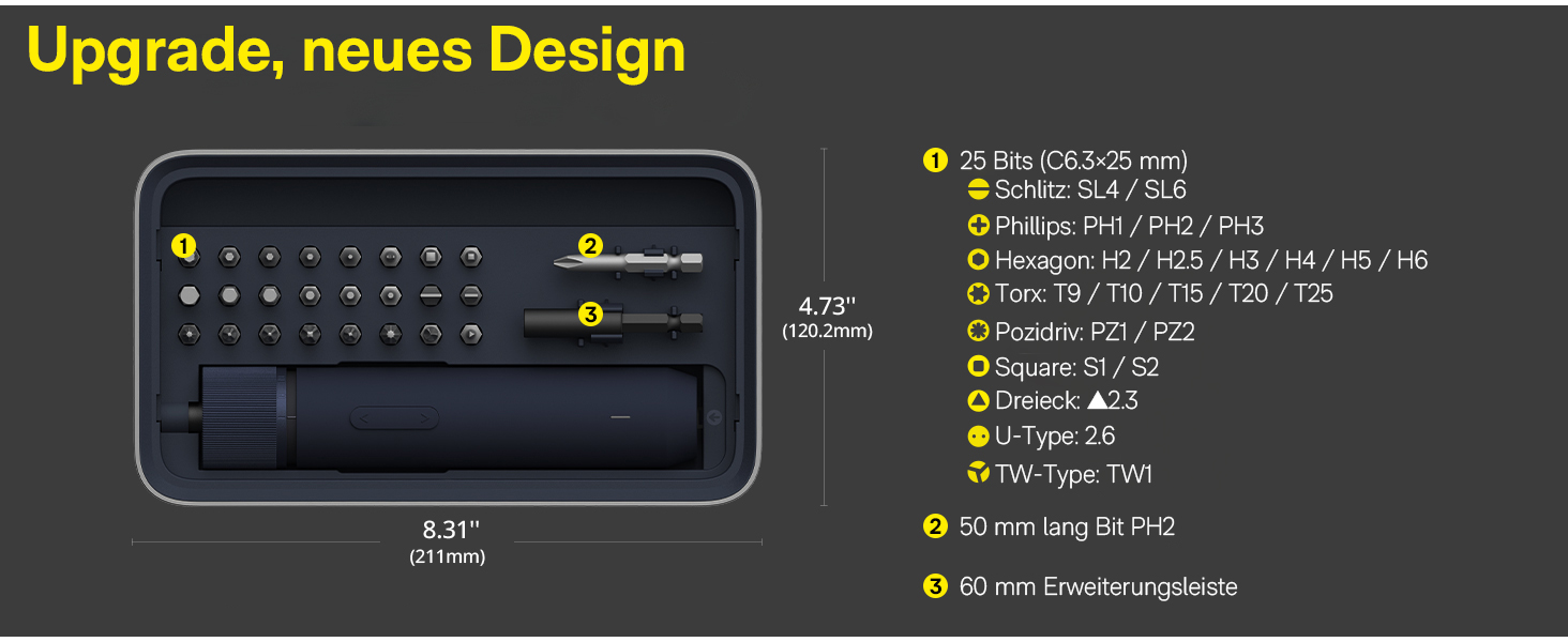 Акумуляторний шуруповерт HOTO з магнітом та 25 бітами, LED-підсвічуванням, 3 рівнями крутного моменту (1.5/3/4 Н.м), акумулятор 1500 мАг, зарядка USB-C, для ремонту меблів та електроприладів
