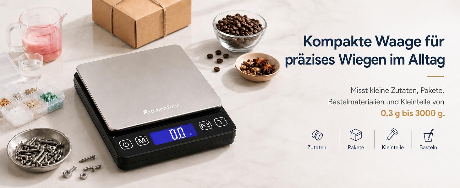 Електронні кухонні ваги KitchenTour, високоточні до 3000г/0,1г, 9 одиниць вимірювання, з підсвічуванням LCD-дисплея
