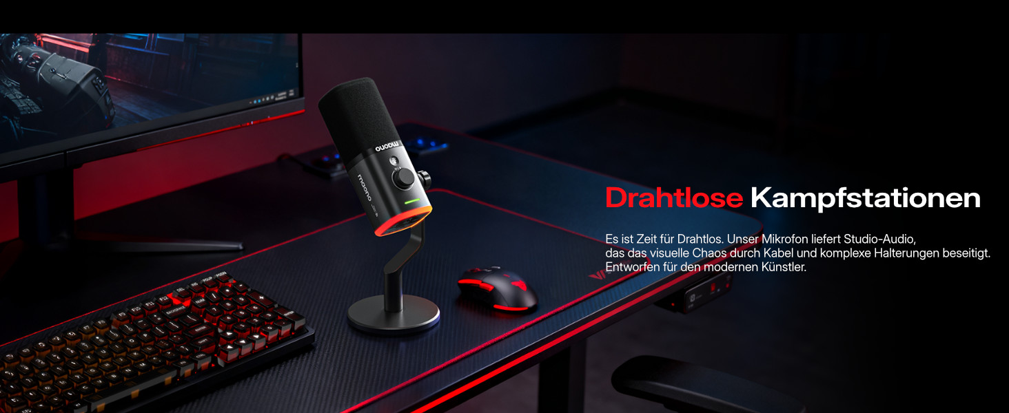MAONO PD100W Бездротовий геймерський мікрофон 2.4GHz + USB, з шумозаглушенням ENC, для стрімінгу, запису, подкастів, ПК, PS4/5, смартфонів, чорний