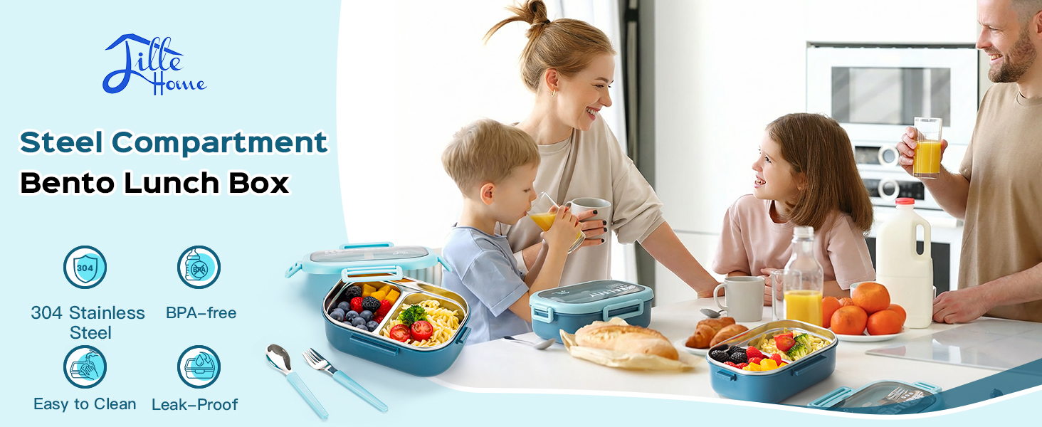 Ланчбокс Lille Home Bento з нержавіючої сталі, 850 мл, 2 відділення, витікання, з сумкою та столовими приборами, BPA-free (Світло-блакитний)