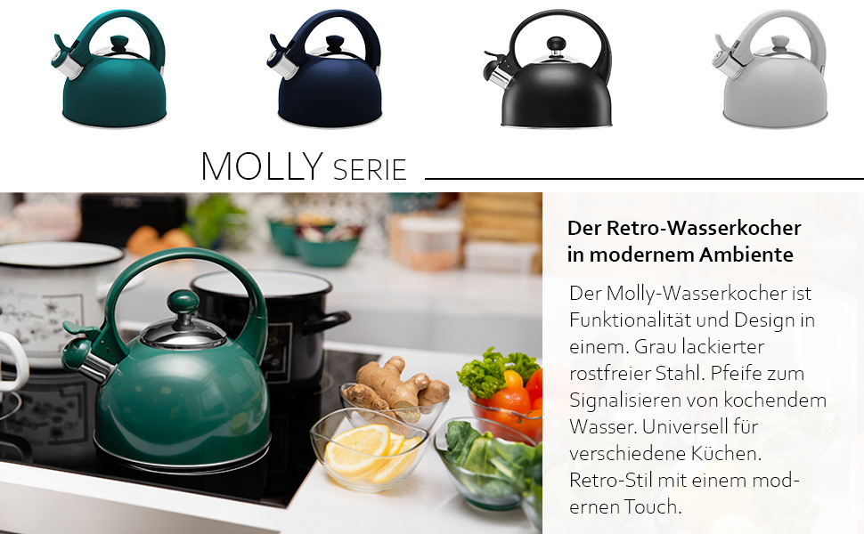 Чайник електричний зі свистком з нержавіючої сталі Molly, 1.7л, зелений (газова плита, індукція, плита)