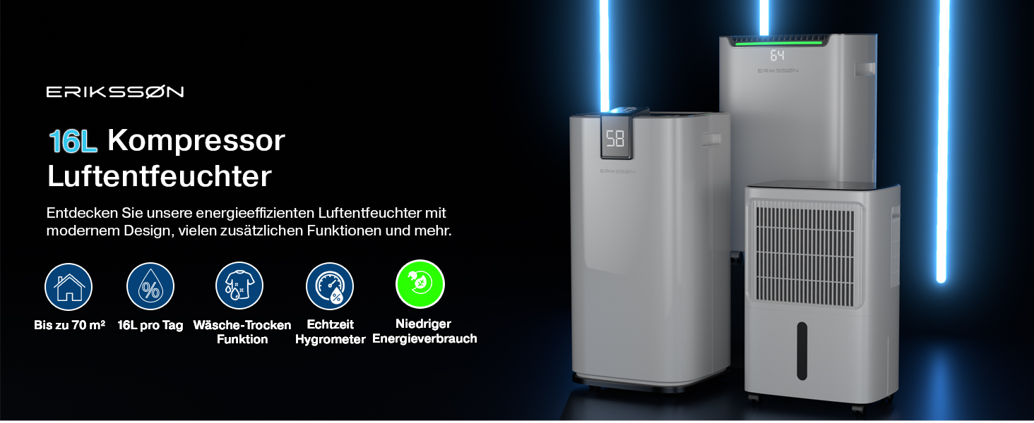 Зволожувач повітря Erikssøn з LED-дисплеєм, таймером та захистом для дітей | Видаляє 16л вологи на добу | Для приміщень до 140м³ (70м²) | Енергоефективний зволожувач повітря з датчиком вологості, білий