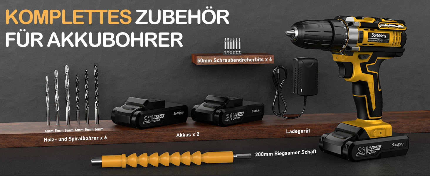 Акумуляторний шурупокрут Sundpey 21V з 2x2000mAh акумулятором, 45 Нм, 18+1 момент, 10 мм патрон, 19 шт. для DIY проектів