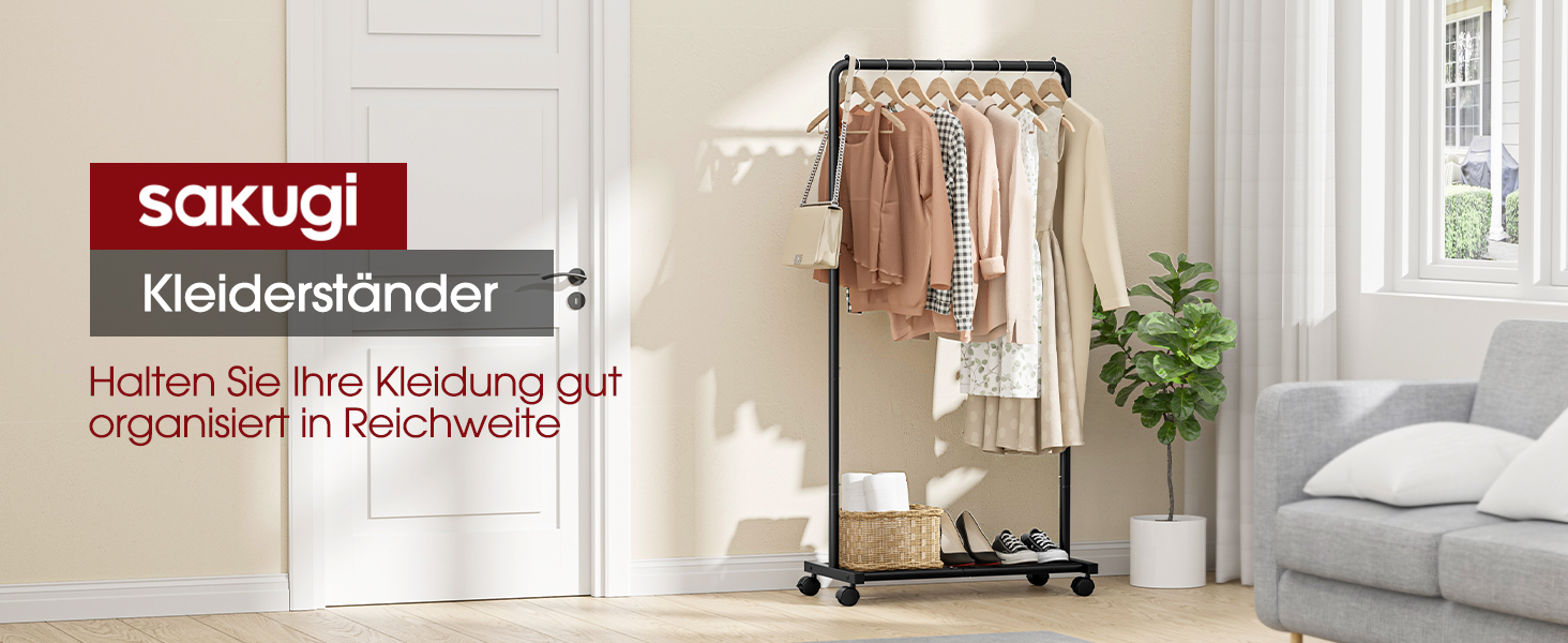 Металевий вішак для одягу на колесах, чорний, середній