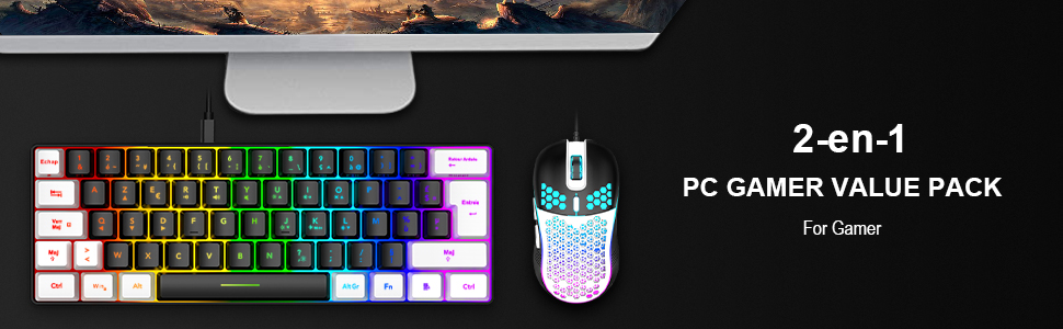 RedThunder K62 Бездротова ігрова клавіатура та миша, RGB, AZERTY, 62 клавіші, міні, для PC/PS5 (Чорний/Білий)