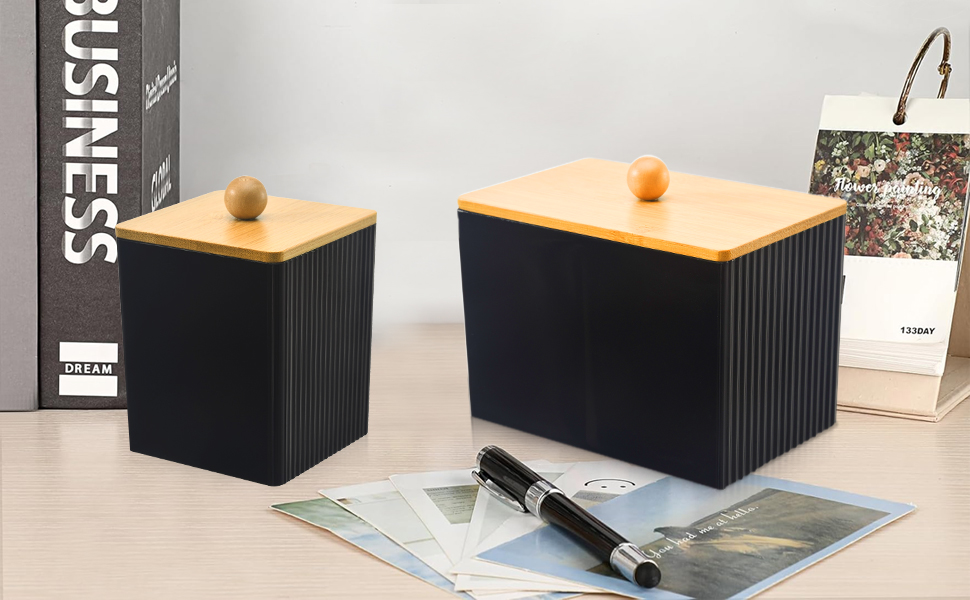 Диспенсер для ватних дисків та паличок з бамбуковим кришкою, органайзер для ватних виробів, чорний, для ванної кімнати