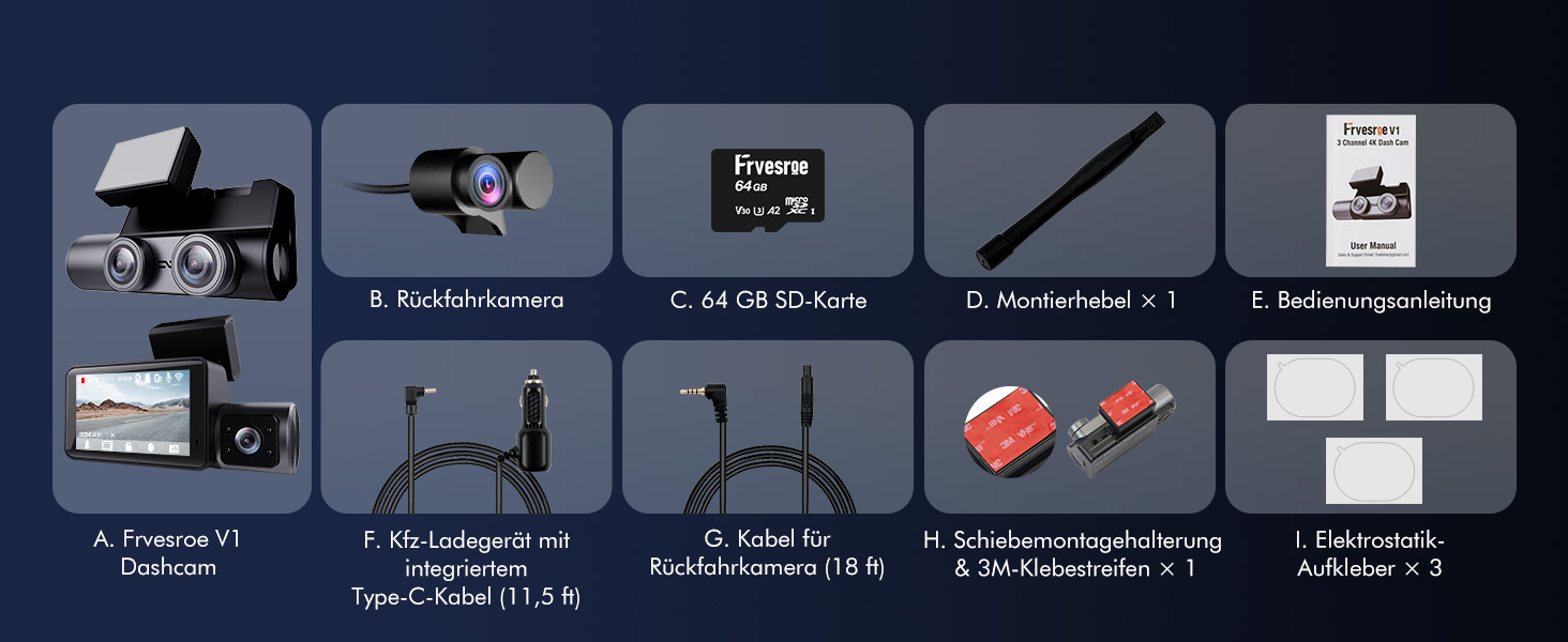 Відеореєстратор для авто 3-Kanal 4K UHD + Full HD (передня 170°, задня 140°, внутрішня 140°) з GPS, WiFi 6, нічним баченням HDR/WDR, 24/7 паркування, 64GB карта пам'яті