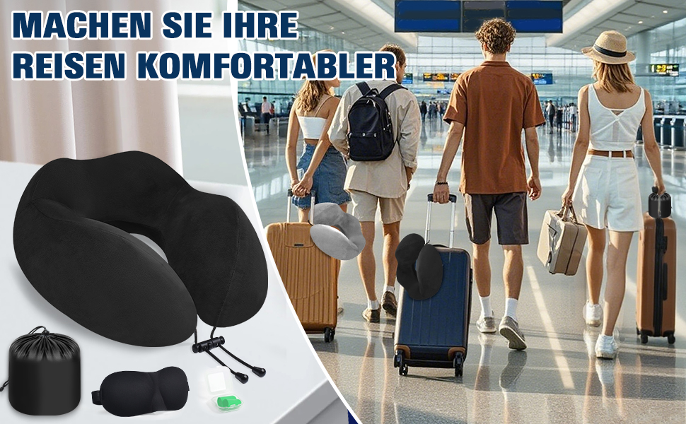 Подушка для шиї у вигляді звірка, Memory Foam, для дорослих, з маскою для сну та берушами, для подорожей, літака, офісу, авто, поїзда (Чорний)