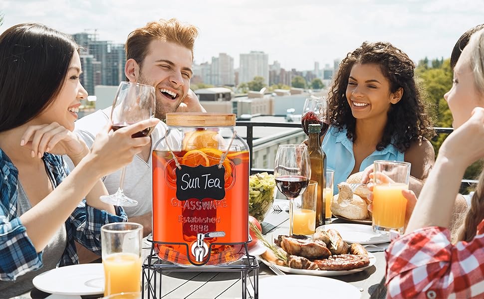 Скляний диспенсер для напоїв 7.6L зі стійкою, з нержавіючою сталею та бамбуковим кришками, для вечірок та свят