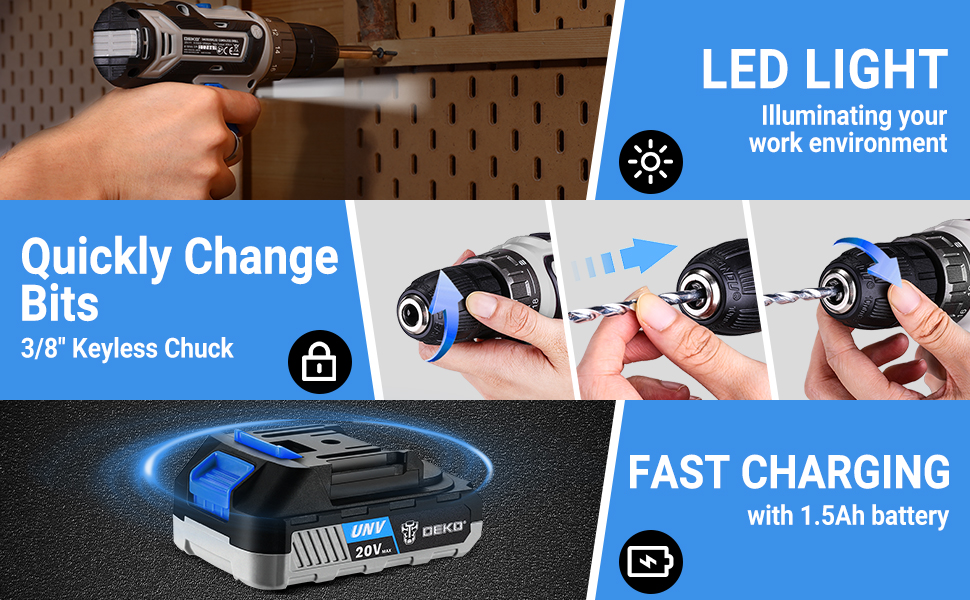 Набір інструментів DEKO 186 шт. з акумуляторною дрилем-шуруповертом 20V (блакитний) для дому та дрібного ремонту