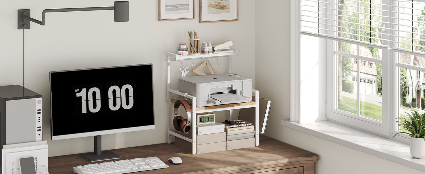 Поличка для мікрохвильової печі, кухонна поличка, 2 яруси, з підставкою для обробної дошки, органайзер з 8 гачками, коричнева, ABRBN5301