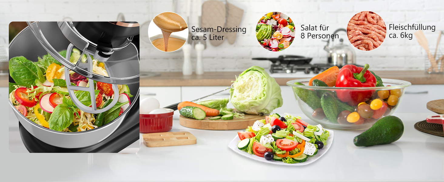 Кухонна машина HOMELUX 1800W з чашею 8 л з нержавіючої сталі, 6 швидкостей, LED-дисплей, насадки для замішування, збивання та нарізки, сіра