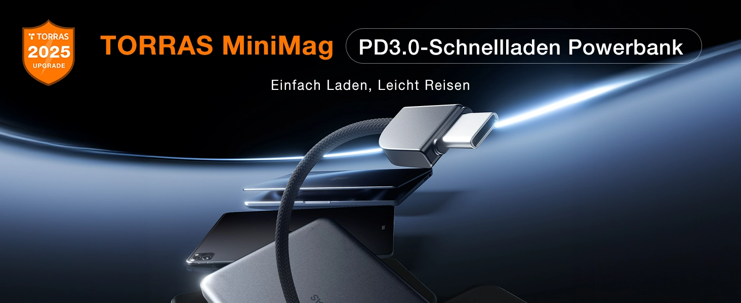 Портативний зарядний пристрій TORRAS 10000mAh з кабелем USB-C, 22.5W PD3.0, білий. Сумісний з iPhone, Samsung, AirPods.