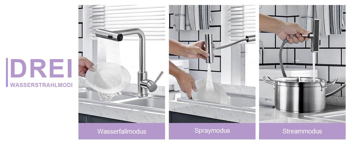 Кухонний змішувач iVIGA висувний з дозатором, водоспад, 360° поворот, 3 режими, щіткова нікель, T-подібний