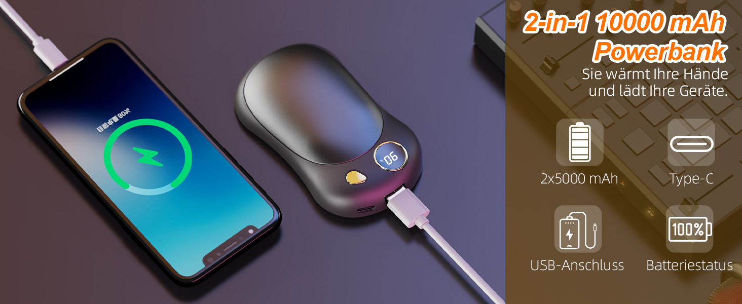 Електричні грілки для рук, 2 шт. 10000mAh з USB-C, цифровим дисплеєм, 3 режими нагріву, багаторазові для зими, подорожей та активного відпочинку