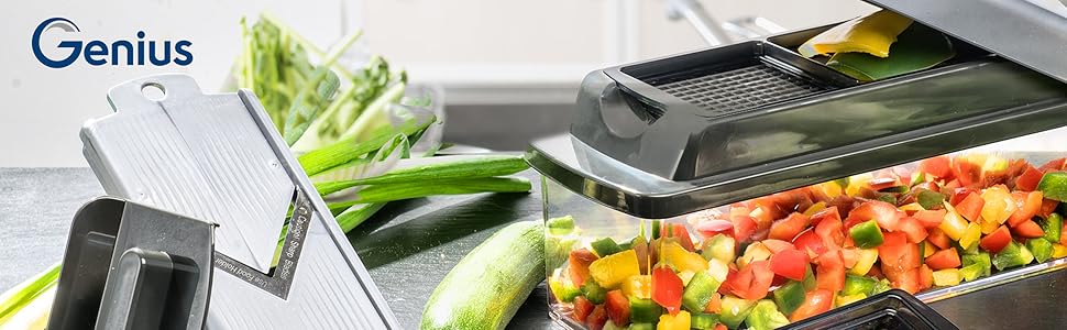 Набір для нарізки овочів Genius Nicer Dicer Plus (12 частин) - нарізник для овочів, цибулі, картоплі фрі, фруктів, універсальний нарізник, подрібнювач, шатківниця, для зберігання, срібний/чорний
