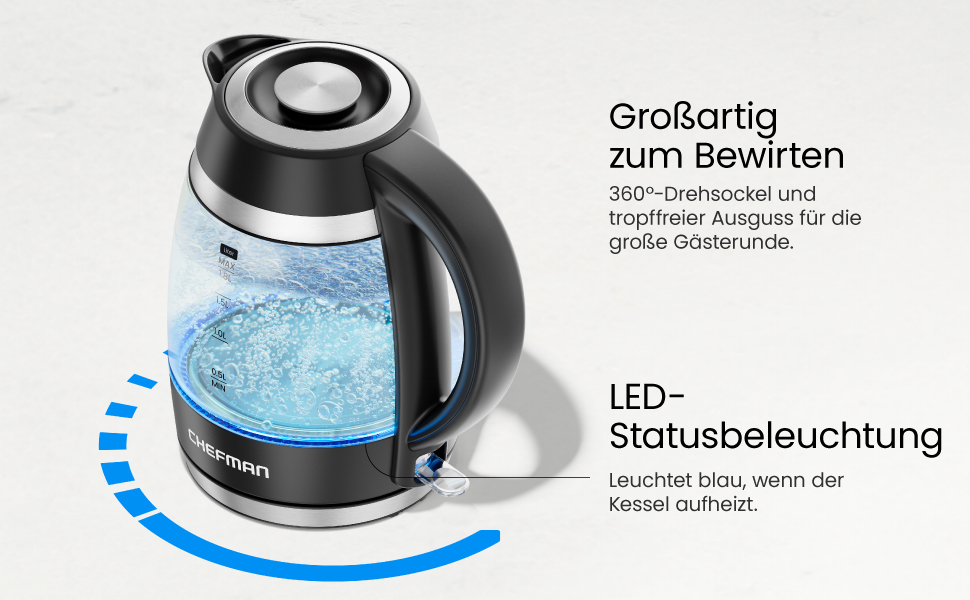 Електричний чайник Chefman 1.8L з нержавіючої сталі, 3000W, знімний кришка, автоматичне відключення, захист від сухого кипіння, фільтр з нержавіючої сталі, BPA Free, чайник з боросилікатного скла