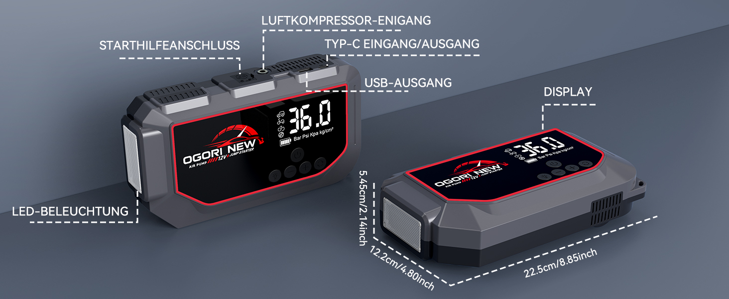 Портативний пусковий пристрій OGORI K33 з компресором 150 PSI та LED ліхтариком для автомобілів 12V (бензин 8L/дизель 10L)