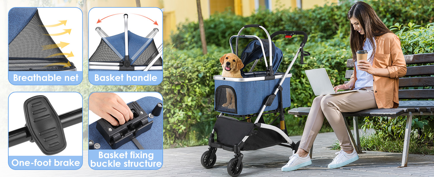 Візок для собак Mamizо 3-в-1: візок, переноска, сумка, до 20 кг, з відкидною конструкцією, 360° колеса, колір срібно-блакитний