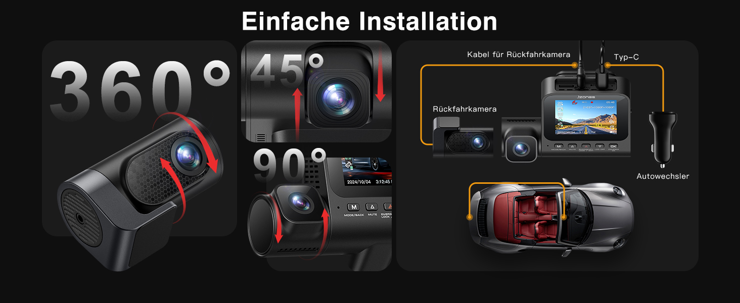 Відеореєстратор Jzones з GPS, WiFi, 4K+1080P, потрійна камера (передня, задня, внутрішня), 64GB SD, G-сенсор, нічне бачення, паркувальний режим, керування через додаток