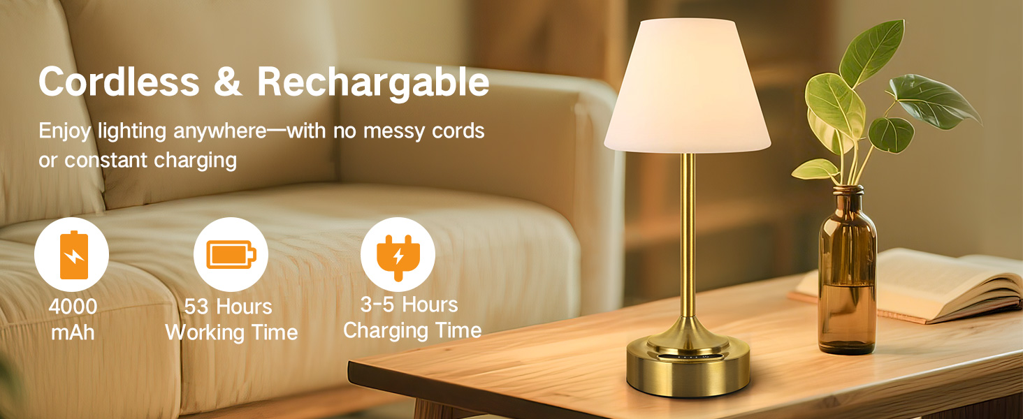 Світлодіодний акумуляторний настільний світильник OUTON 2 шт, USB-C, 3 режими освітлення (3000K-6000K), сенсорне керування, IP54, 53 год, золотий - для ванної, кухні, вулиці