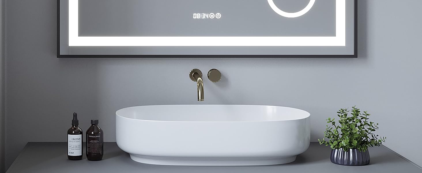 Дзеркало для ванної кімнати AQUABATOS з підсвічуванням 100x70 см LED, антизапар, сенсорне керування, 3 кольори світла, регулювання яскравості