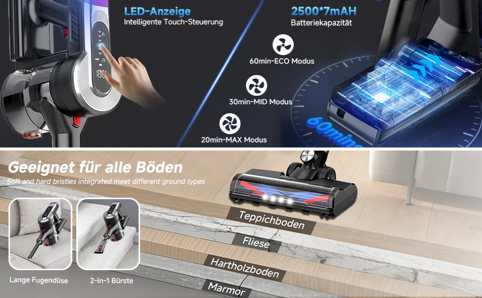 Акумуляторний бездротовий пилосос Hearten 4-в-1 з LED-дисплеєм та антизаплутувальною щіткою, керуванням в один дотик, LED-підсвічуванням для шерсті тварин/килимів/твердих підлог (Золотий)