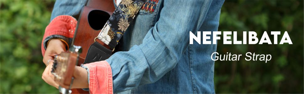 Японський гітарний ремінь Nefelibata з бавовни для акустичної гітари, укулеле, адаптер для голівки грифа в подарунок, медіатор та замок для ремінця. Регулювання від 38' до 64'. Дизайн: Хризантеми