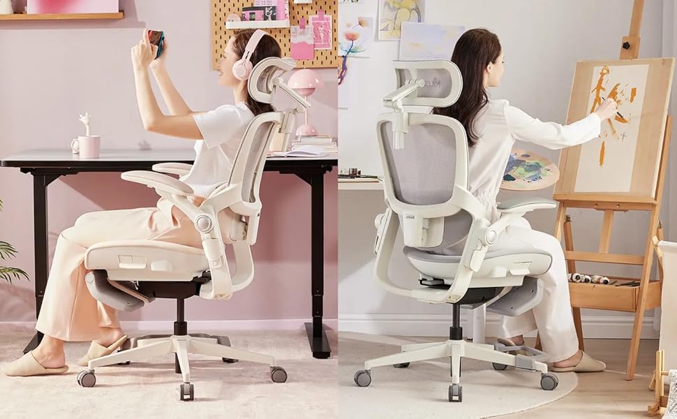 Ергономічне крісло для жінок MUSSO E80 Muse FemmePosture™ - регулювання на 135°, 3D-підтримка попереку, 17см 4D-підголівник, висувна підніжка, регулювання глибини/висоти сидіння, регульовані підлокітники (Бежевий)