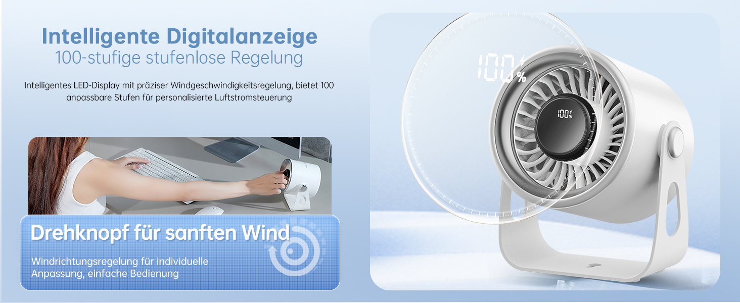 Тихий настільний вентилятор з цифровим дисплеєм, 100-рівневе регулювання & 135° нахил - ідеальний для офісу, спальні, кухні, дому та відпочинку на природі - білий