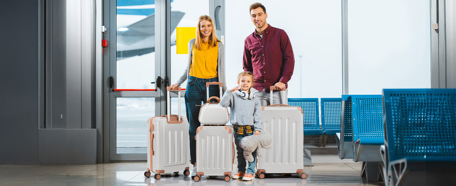 Набір валіз LALAHO 4 шт. з косметичками, ABS, рожеве золото (темно-синій, смугастий)